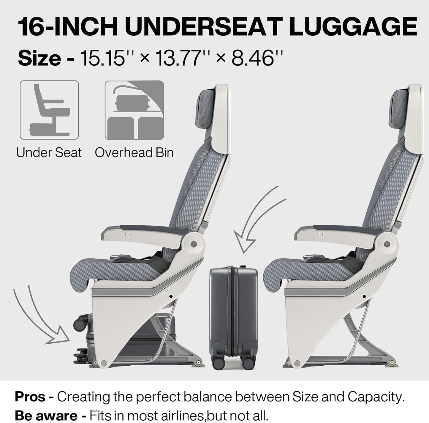 mixi Underseat Carry on Luggage 16 Inch Hardshell PC Suitcase with Spinner Wheels TSA Lock for Travel, Rock Gray