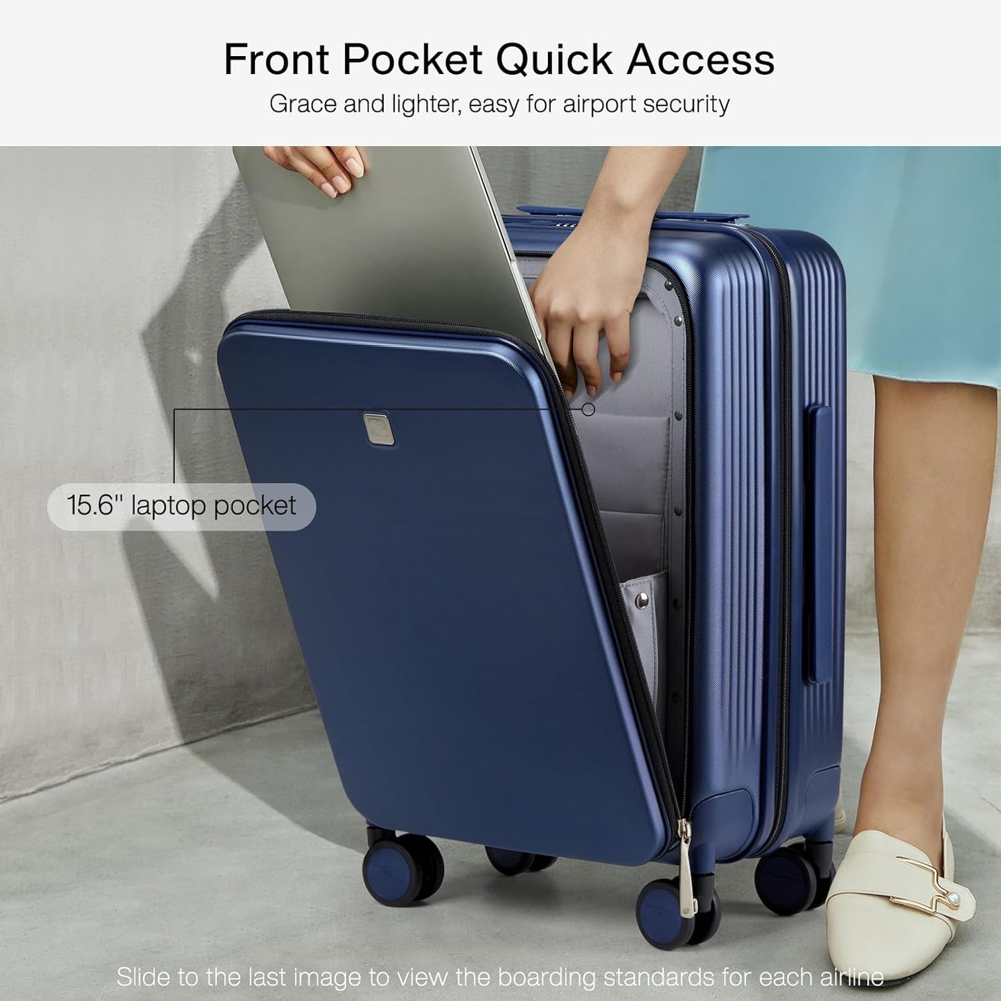 Hanke Grace Carry On Luggage with Wheels Airline Approved Hard Shell Suitcases with Front Pocket，Top Opening Luggage with TSA Lock for Short Business Travel，Dark Blue