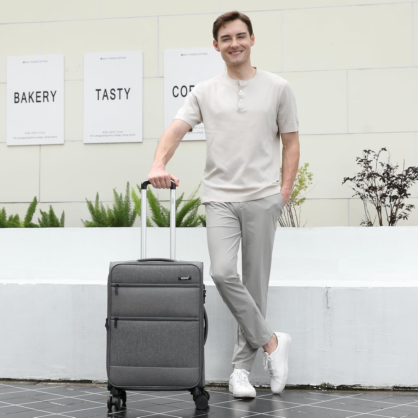 Kono 24 Inch Softside Expandable Checked Luggage with 8 Spinner Wheels TSA Lock Softshell Lightweight Business Travel Suitcase for Men and Women, Grey