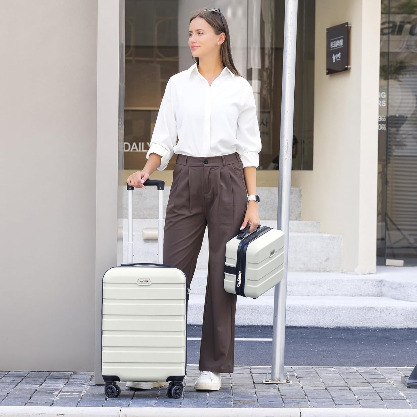 AnyZip Carry On Luggage 2PCS Luggage Set PC ABS Hardshell Lightweight Suitcase TSA Lock with 4 Spinner Wheels（14/20, White）