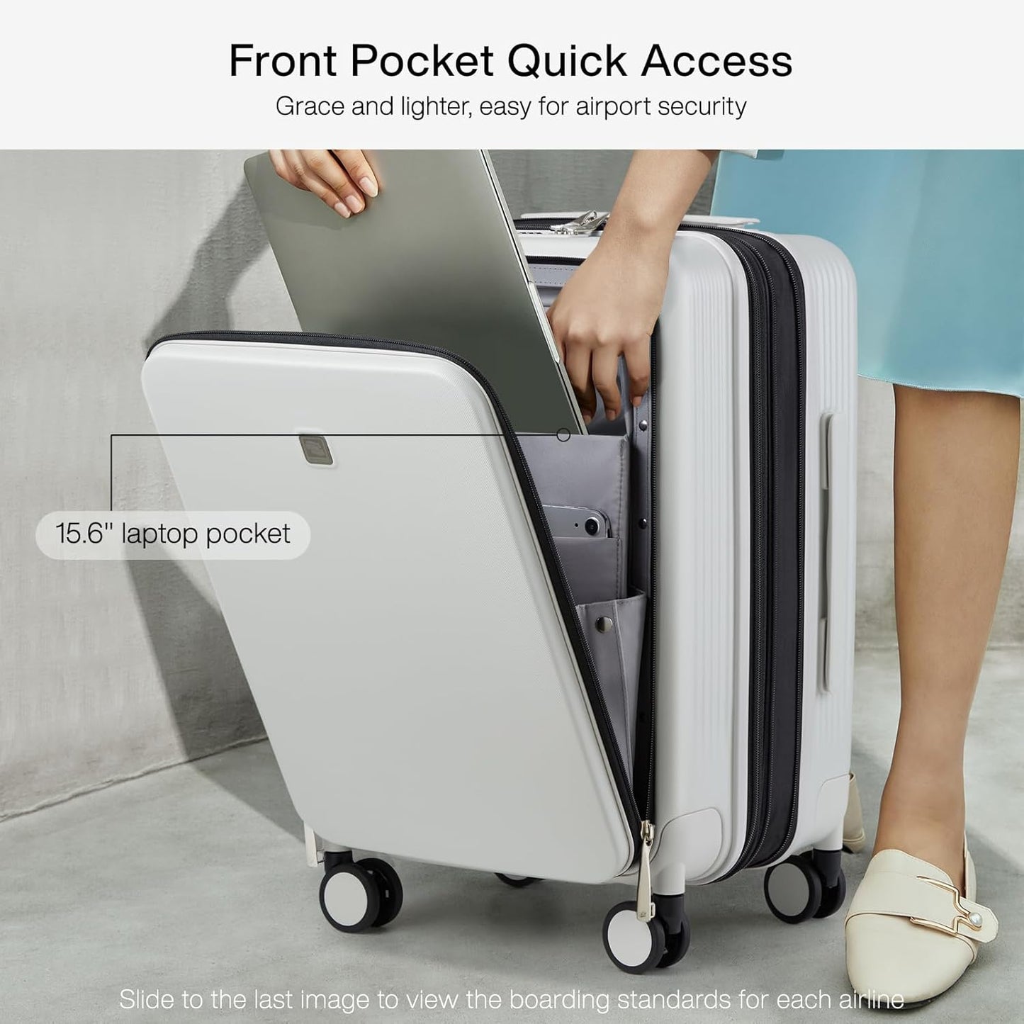 Hanke Grace Expandable Carry On Luggage with Wheels Airline Approved Hard Shell Suitcases with Front Pocket，Top Opening Luggage with TSA Lock for Short Business Travel, Smoke White.