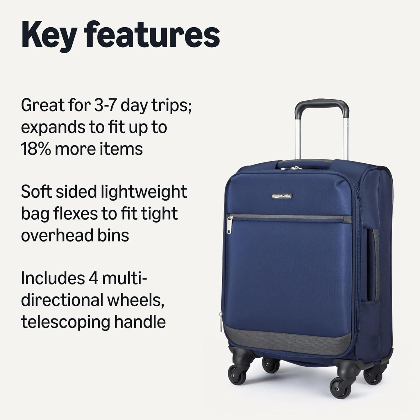 Amazon Basics Luggage, 18"Medium Carry-On Softside Suitcase With Wheels With Four 360-Degree Multi-directional Spinner Wheels Expandable Space Zippered Pocket and Straps Telescopic Handle Navy Blue