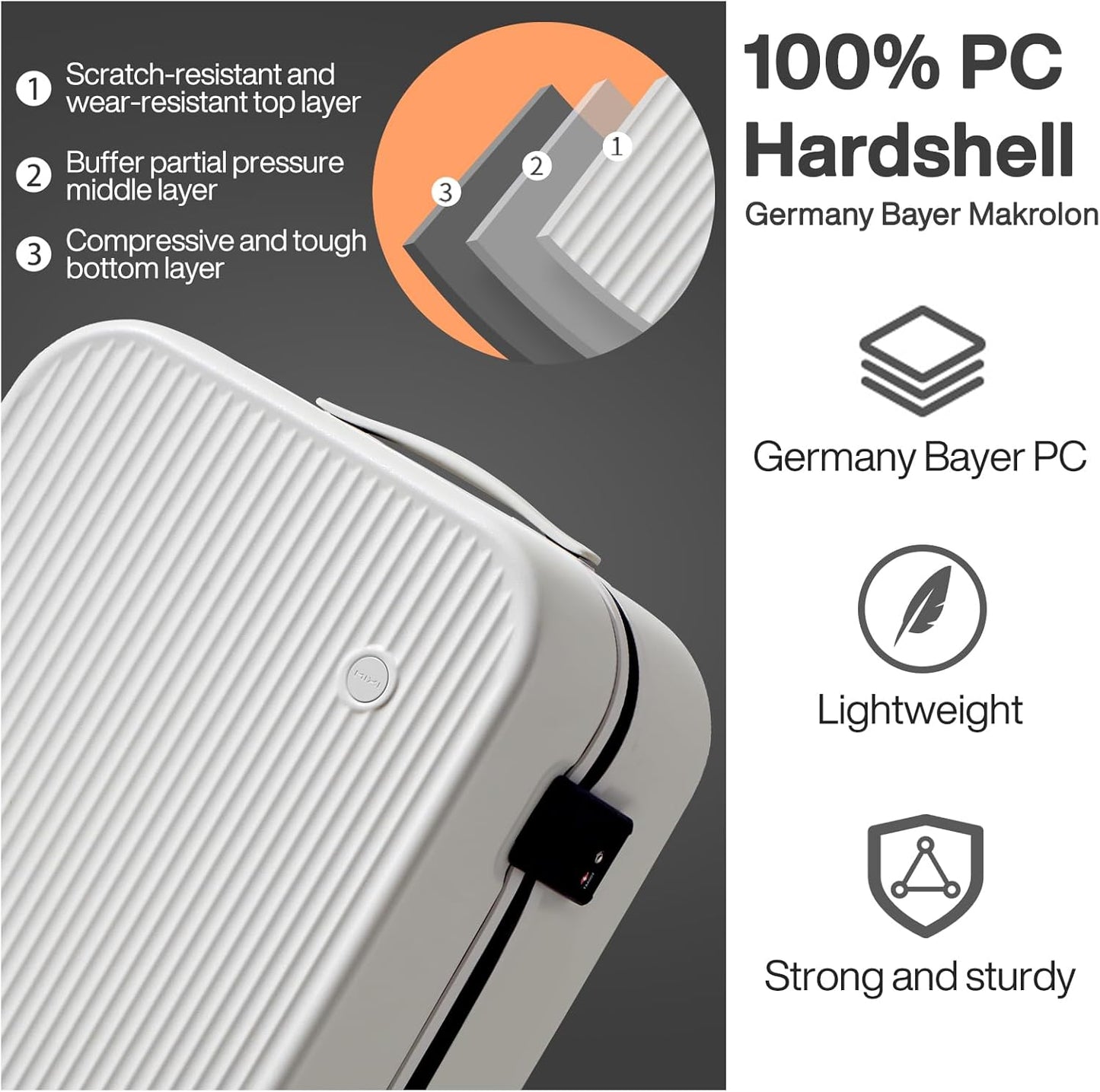 mixi Hardside PC Suitcase 20 Inch Carry On Luggage Spinner Wheels TSA with Cover, Smoke White