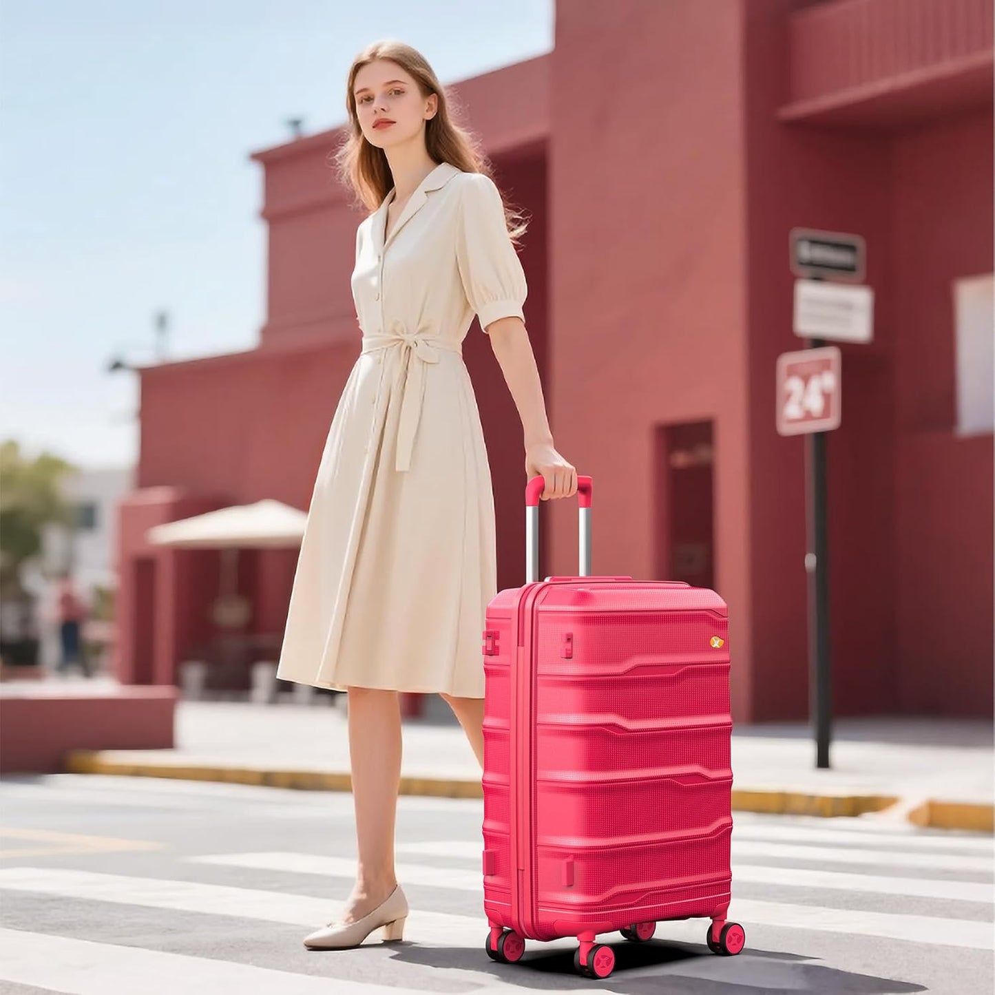 MGB Medium Luggage with Spinner Wheels Lightweight PP Hybrid Shell Suitcase With TSA Lock, Checked-Medium Luggage for Travel, Amaranth Red