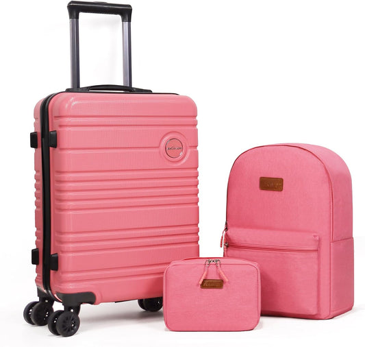 ABS+PC Carry on Luggage set with backpack 3 Pcs suitcace with Spinner wheels TSA Lock 20-In hardshell Lightweight Luggage set (Pink)