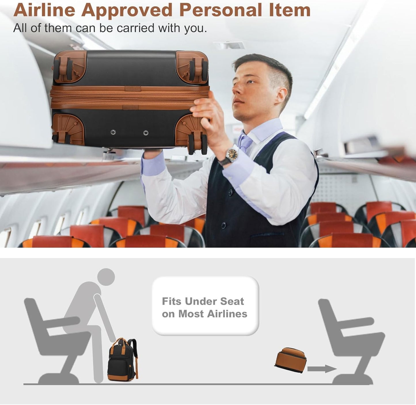 Kono Airline Approved Suitcase Set 3 Piece Luggage Set Lightweight Carry On Travel Luggage, TSA Lock Spinner Wheels Hardshell (Black/Brown, (BP/TB/20))