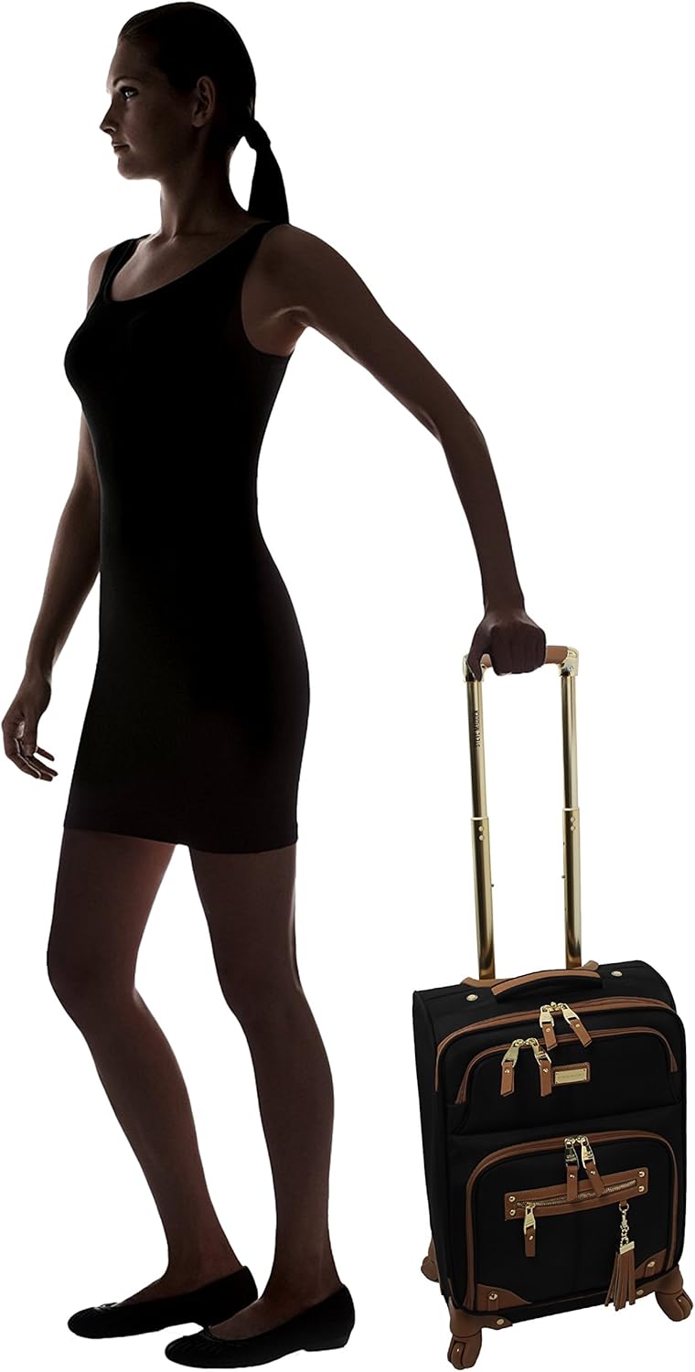 Steve Madden Designer-Gepckkollektion Leichter Softside-Koffer fr Damen und Herren strapazierfhige 50,8 cm groe Tragetasche mit 4 rollenden Spinner-Rdern, Harlo Black, 20in, Carry on Bag With Spinner