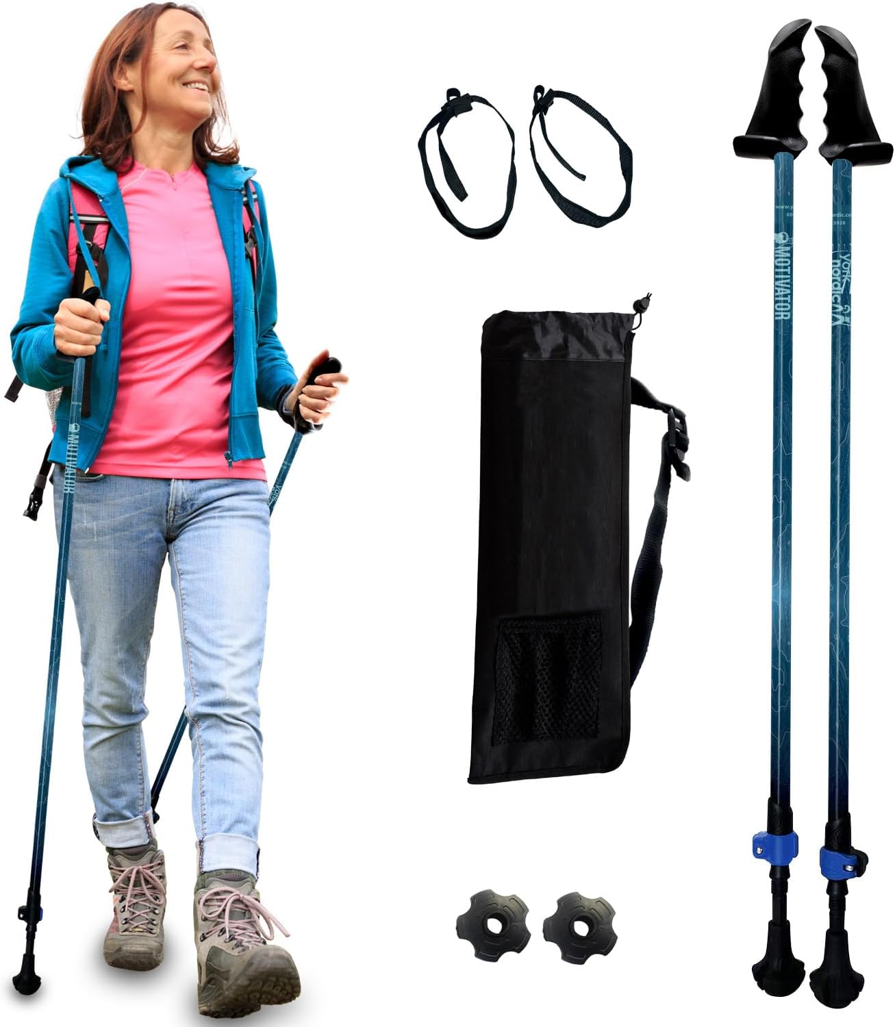 York Nordic Motivator Walking Poles for Balance and Rehab - Patented Stability Grips - Lightweight, Adjustable, and Collapsible - 2 Pieces Adjustable w/flip Locks - Heights 4'6" up to 6'2" - 230 lbs