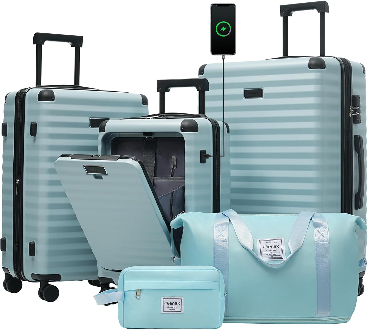 Merax Luggage Sets 3 Piece Front Opening, Hardside Lightweight Carry on Suitcase with Cup Holder USB Port,Durable Expandable Luggage with Bags Spinner Wheels and TSA Lock,Light Blue