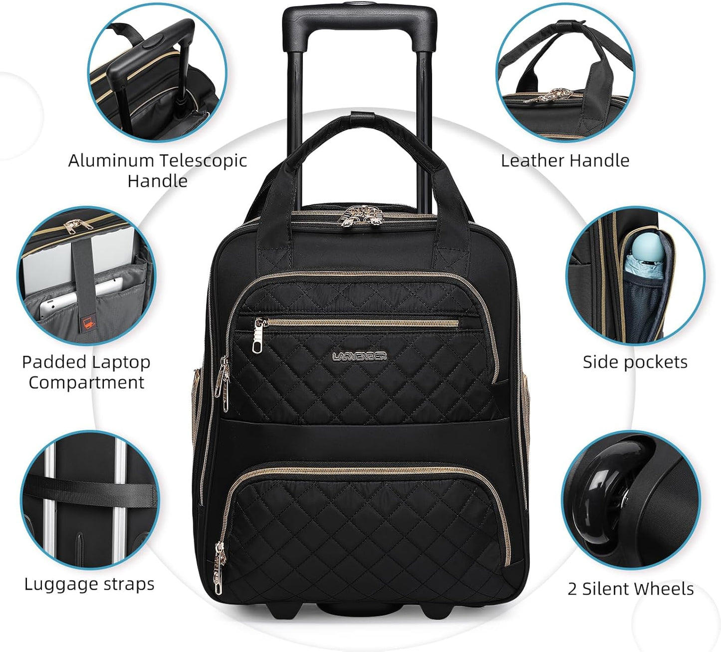 LARVENDER Underseat Carry On Luggage with Wheels Softside 16-inch Underseater Luggage Lightweight Overnight Suitcase for Men Women, Black, 3 Piece (16/BP/TB)