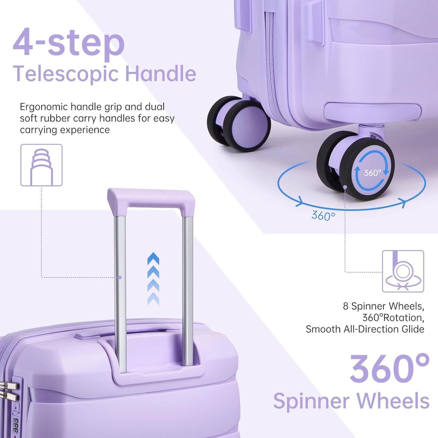 Luggage Sets 5 Pieces, PP Hardshell Suitcase Set with Spinner Wheels, Suitcases for Women (Lavender)