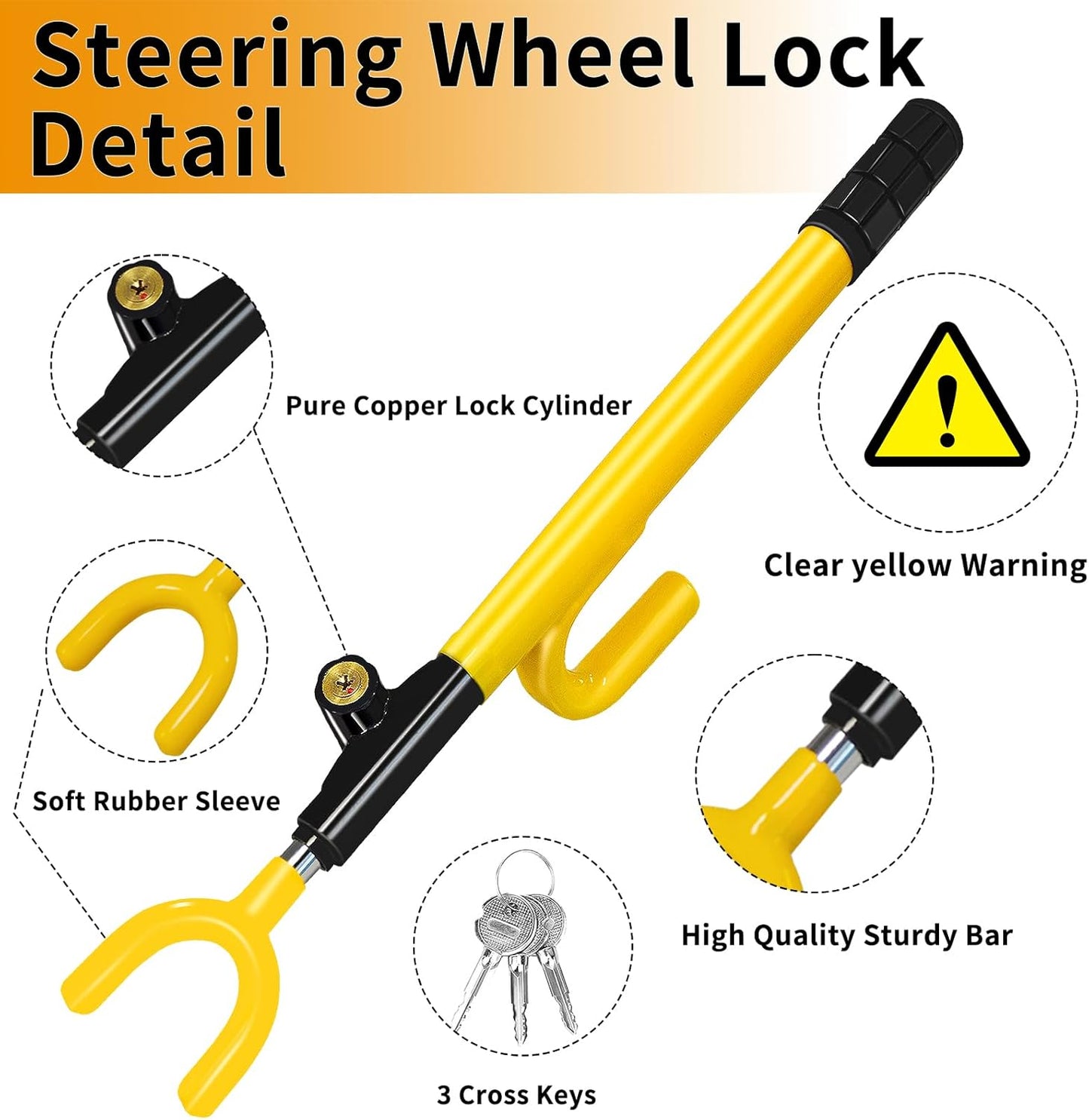 Steering Wheel Lock,Heavy Duty Anti-Theft Car Device,Adjustable Length Locking with 3 Keys Universal Fit for Cars Trucks Vans and SUVs (Yellow)