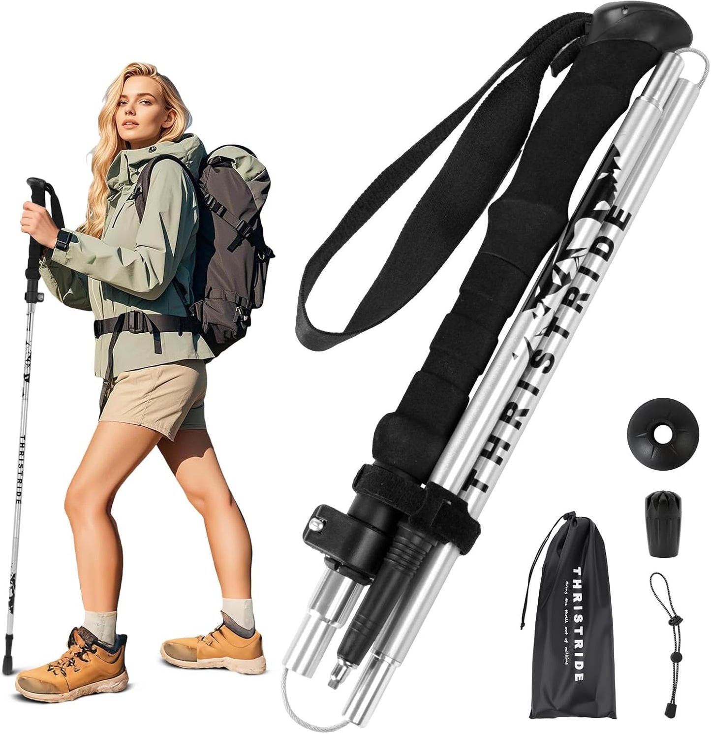 Collapsible Aluminum Single Trekking Pole(1pc) - Lightweight Hiking Stick for Women, Men & Seniors, Adjustable Walking Sticks for Hiking, Camping & Outdoor Activities