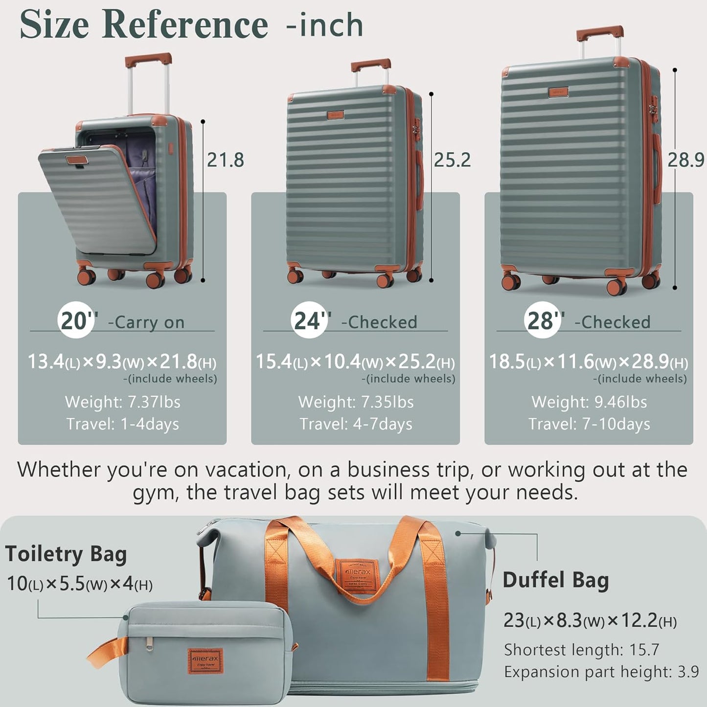 Merax Luggage Sets 3 Piece Front Opening, Hardside Lightweight Carry on Suitcase with Cup Holder USB Port,Durable Expandable Luggage with Bags Spinner Wheels and TSA Lock,Grey Green