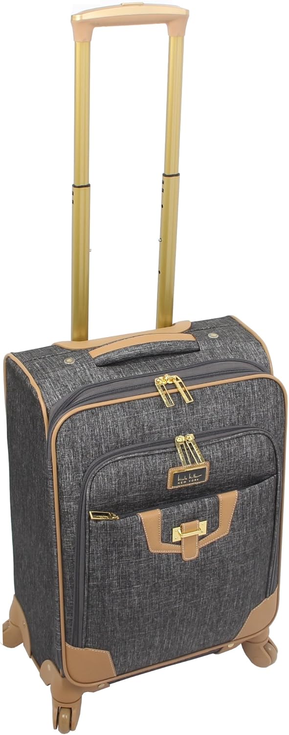 Nicole Miller New York Luggage Collection - Designer Lightweight Softside Expandable Suitcase- 20 Inch Carry On Bag with 4-Rolling Spinner Wheels (Paige Silver)