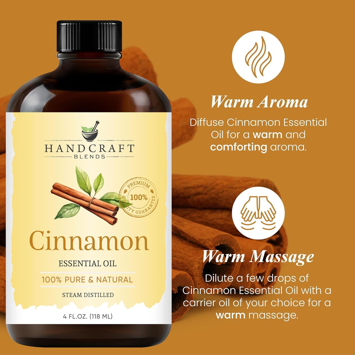 Handcraft Blends Cinnamon Essential Oil – Huge 4 Fl Oz – 100% Pure and Natural – Premium Grade Essential Oil for Diffuser and Aromatherapy, Skin, Massage, Candle and Soap Making Fragrance