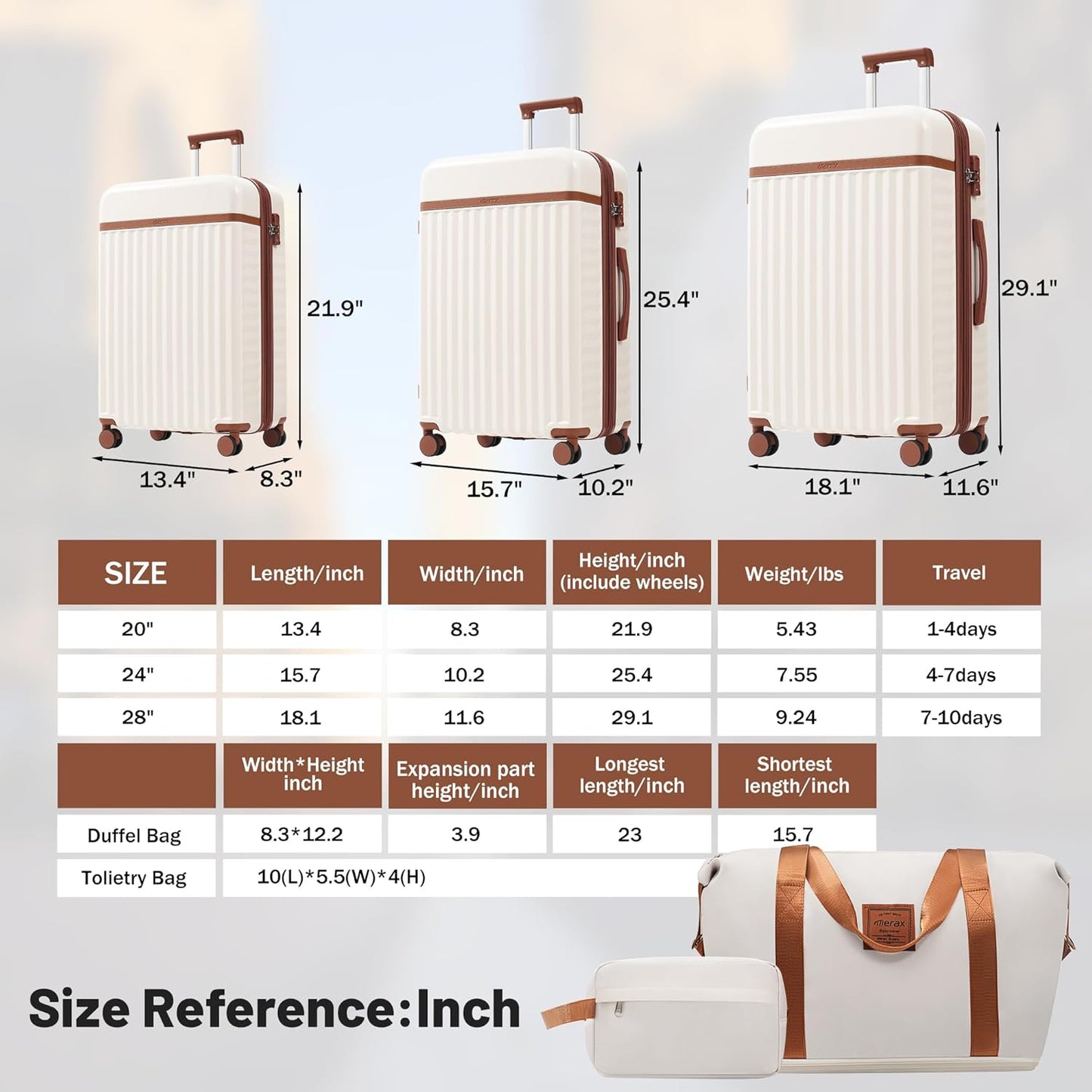 Merax Luggage Sets, Durable Hardshell 3 Piece Suitcase with Double Spinner Wheels and Handle Bags,Lightweight Carry on Luggage with TSA Lock,20+24+28 inches,White and Brown