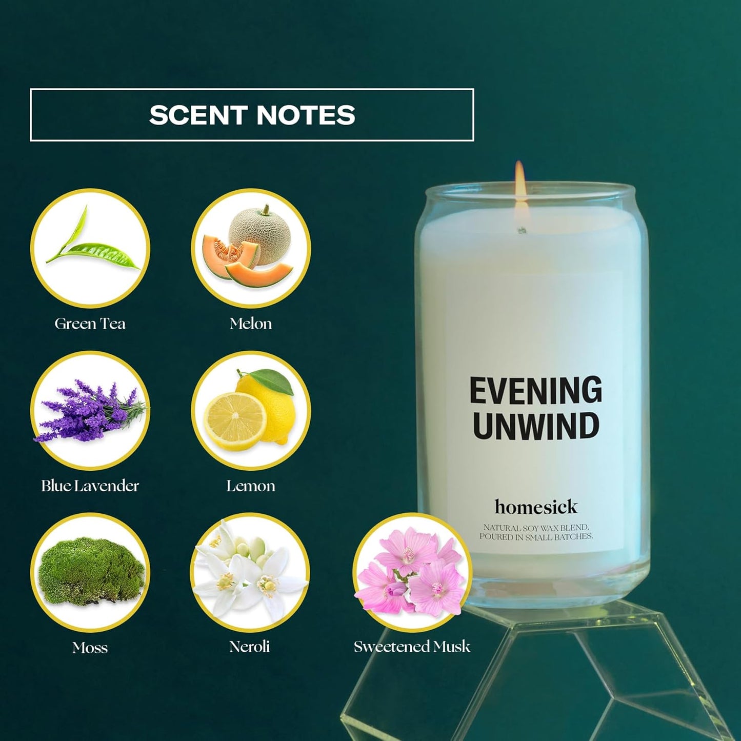 Homesick Scented Candles for Home (Evening Unwind) - 13.75 oz Long-Lasting Natural Soy Wax Blend Jar Candle Gifts for Women & Men, 60-80 Hours Burn Time - Notes of Valencia Orange, Melon & Moss