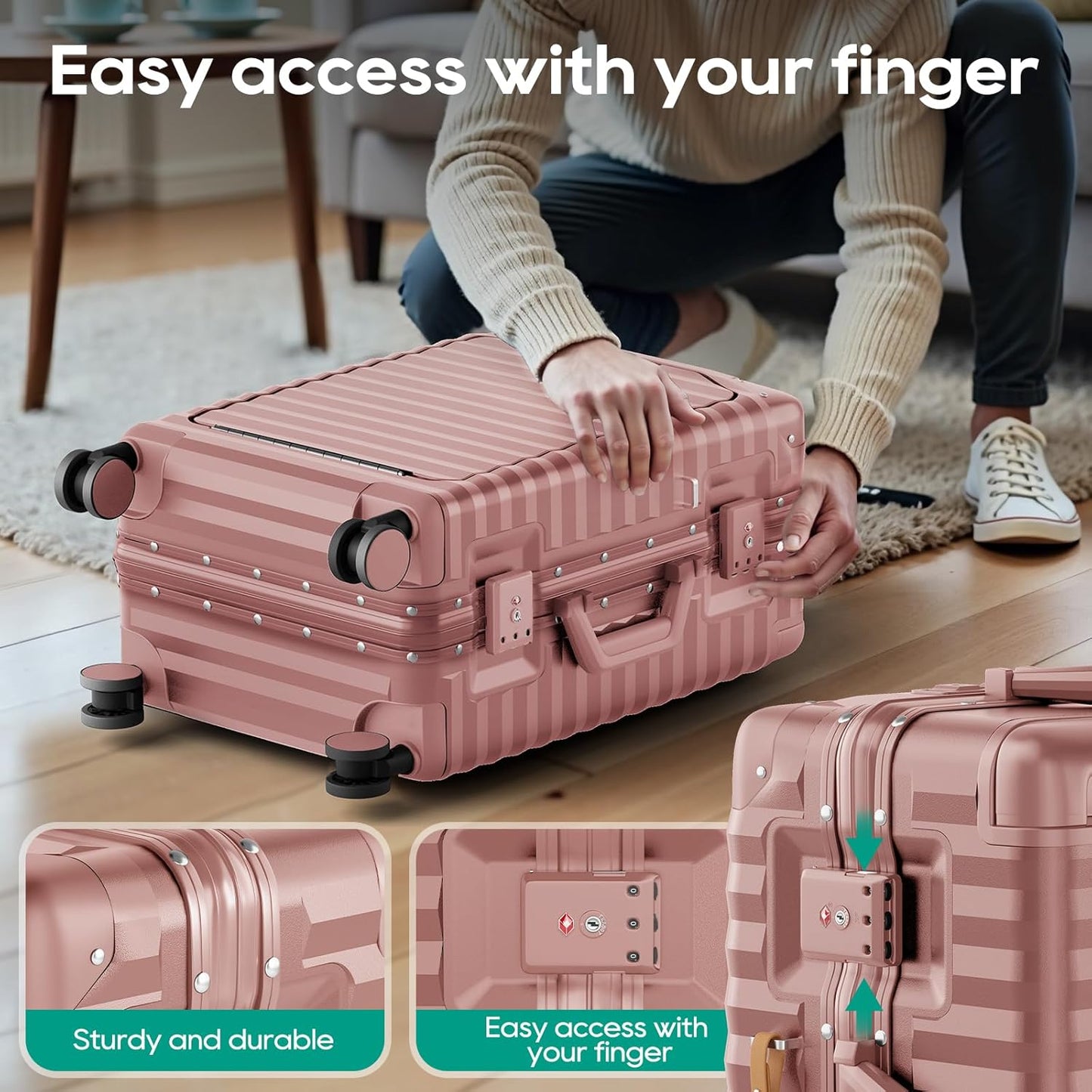 Joyway 20 Inch Carry on Luggage with Aluminium Frame and Front Pocket, PC Hardshell Suitcase with USB Port and Cup Holder, 21.5x14.2x9 Airline Approved, Luggage with Spinner Wheel TSA Lock(Rose Gold)