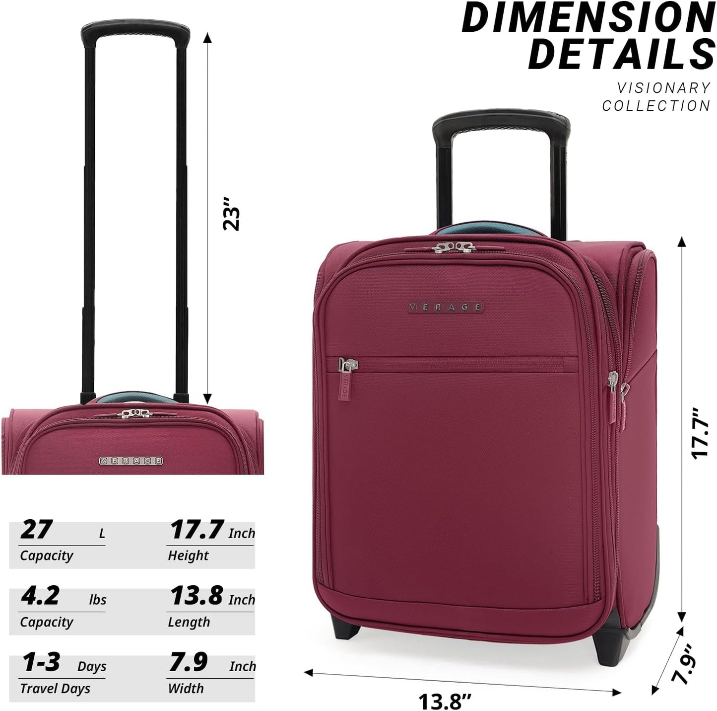 Verage Under Seat Luggage with Wheels, Softside Expanable Small Suitcase Carry On Luggage Bags for Airlines Airplanes Short Trip Men Women (Grape red, 16-Inch Rolling Underseat)