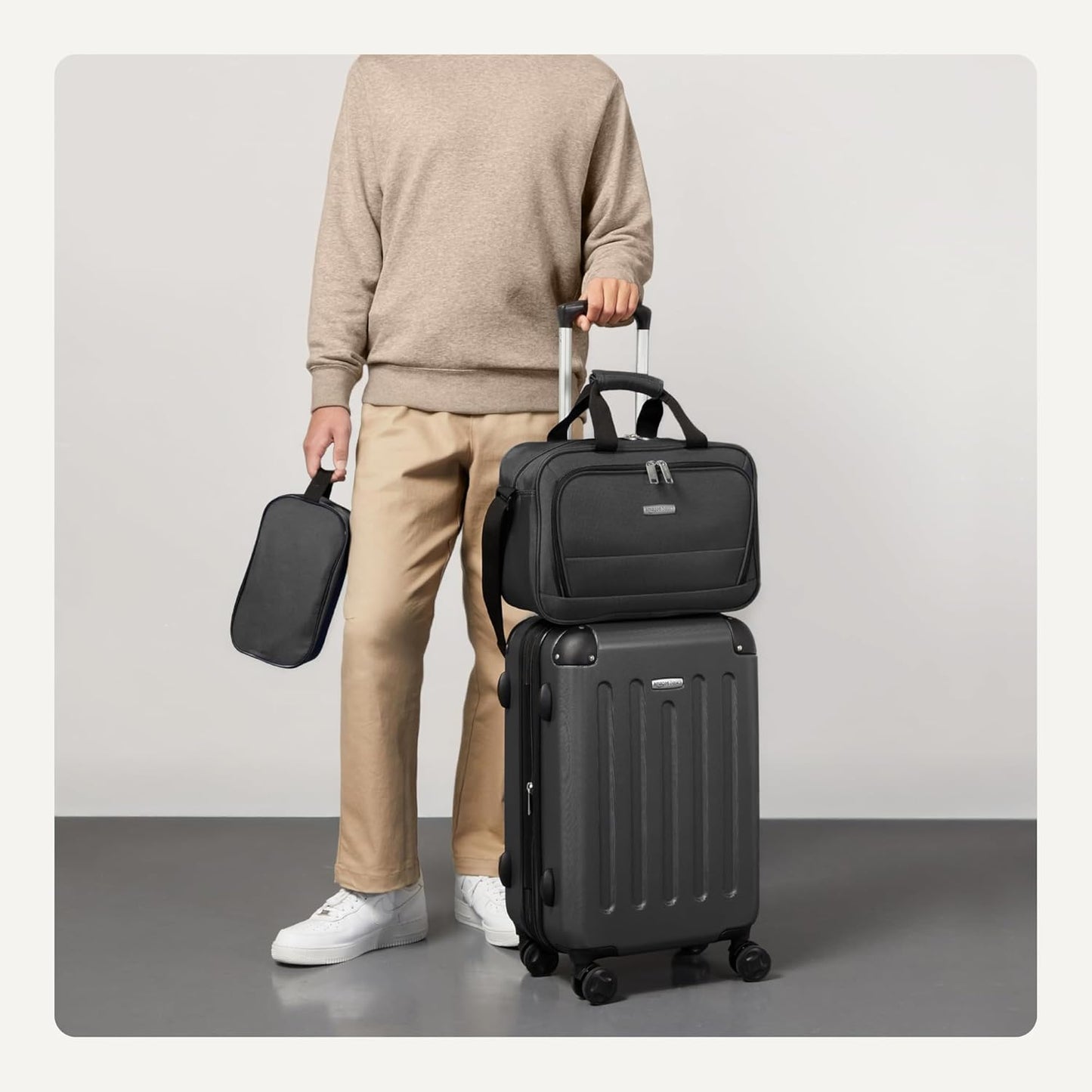 Amazon Basics 3-Piece Luggage Set, Including One Carry-On Luggage (22" Expandable Hardside Suitcase With 8 Spinner Wheels), One 15-inch Tote Bag, and One 10-inch Compact Travel Bag, Black