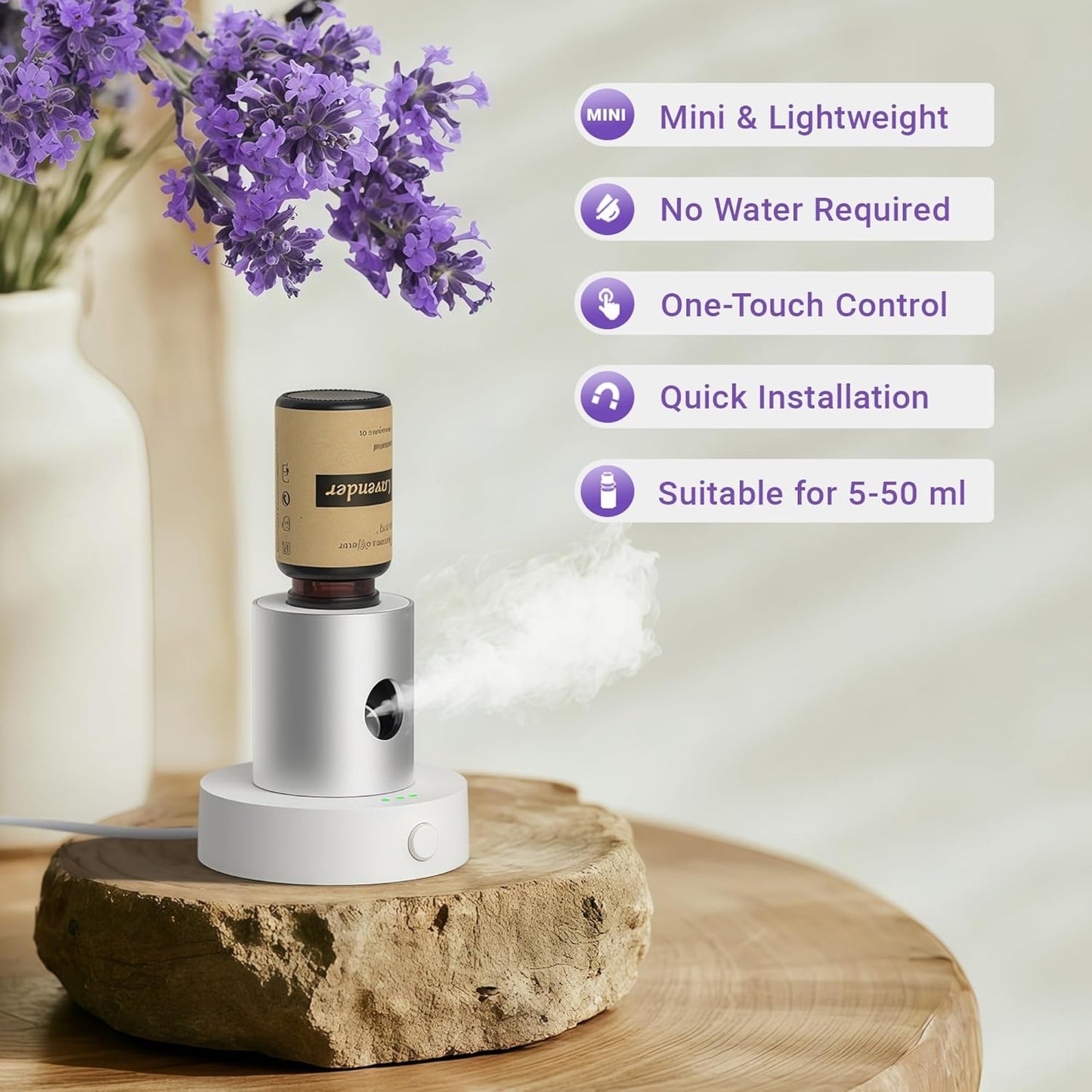 Mini Waterless Nebulizing Essential Oil Diffuser with 10ml Lavender Oil for Aromatherapy, Small Portable with Air Mist and Scent for Home, Room, Hotel, Desk, Office, Travel - Silvery