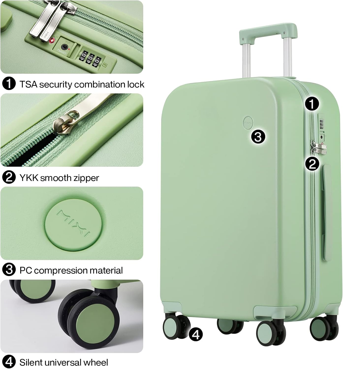 mixi Luggage Suitcase with Spinner Wheels, Hardside Rolling Suitcase PC with Cover & TSA Lock Lightweight Travel Case 26in Checked in, Avocado Green