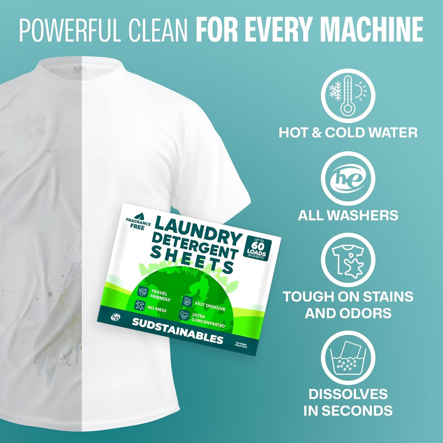 Sudstainables Laundry Detergent Sheets 60 Loads – Dissolvable Laundry Sheet for Washing Machines, Compact Alternative to Liquid & Powder Detergent, Travel-Friendly Soap | Fragrance Free