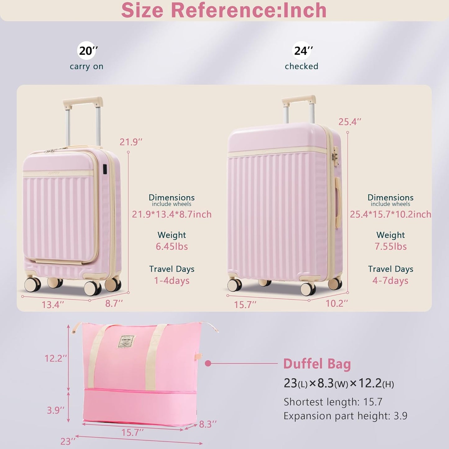 Merax Luggage Sets 2 Piece Front Opening, Hardside Lightweight Carry on Suitcase with USB Port,Durable Expandable Luggage with Bags Spinner Wheels and TSA Lock,Pink