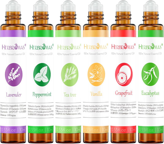 Essential Oil Roll On Set with Lavender, Peppermint, Eucalyptus & Grapefruit, Tea Tree & Vanila - Aromatherapy Relaxation Gift for Women - 6 Pack of 10ml Roll-Ons
