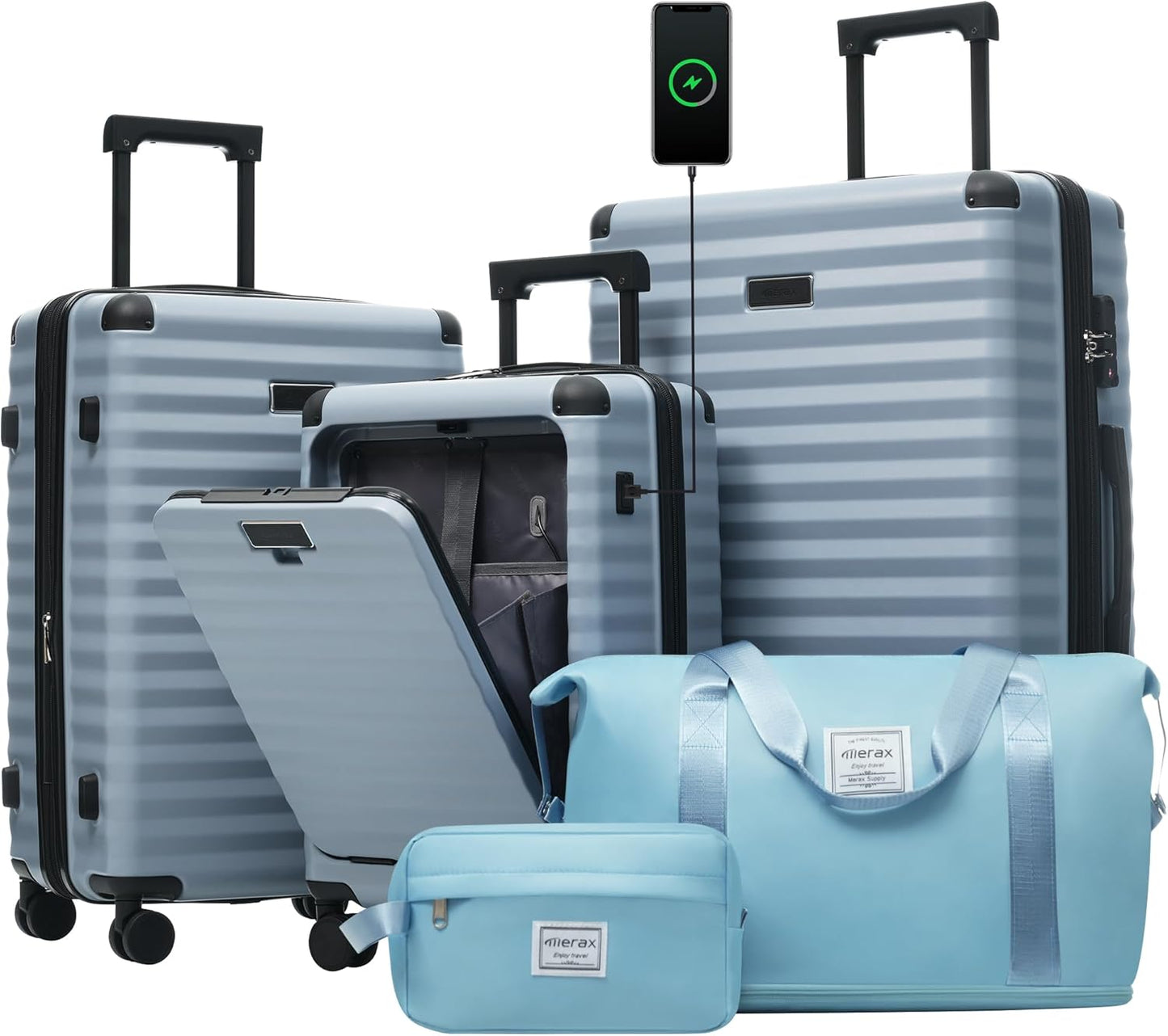 Merax Luggage Sets 3 Piece Front Opening, Hardside Lightweight Carry on Suitcase with Cup Holder USB Port,Durable Expandable Luggage with Bags Spinner Wheels and TSA Lock,Sky Blue