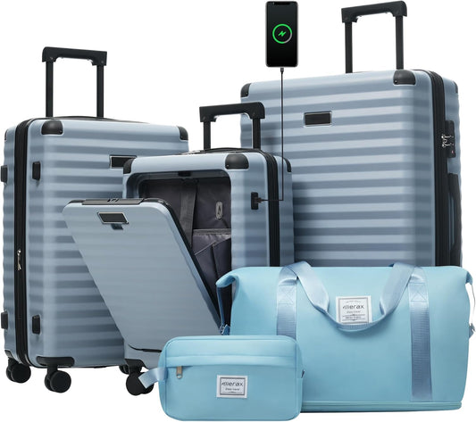Merax Luggage Sets 3 Piece Front Opening, Hardside Lightweight Carry on Suitcase with Cup Holder USB Port,Durable Expandable Luggage with Bags Spinner Wheels and TSA Lock,Sky Blue