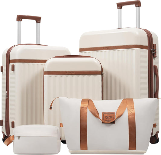 Merax Luggage Sets, Durable Hardshell 3 Piece Suitcase with Double Spinner Wheels and Handle Bags,Lightweight Carry on Luggage with TSA Lock,20+24+28 inches,White and Brown