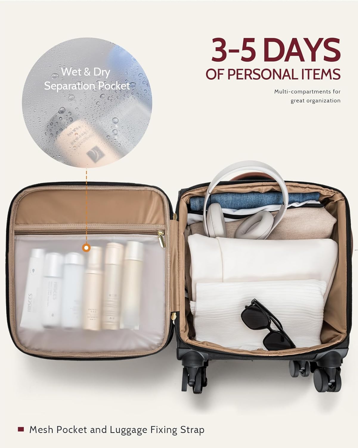 Underseat Carry On Luggage with Wheels 18x14x8 Airline Approved, 16-inch Softside Spinner Suitcase Under Seat Personal Item Travel Bag, Compact Rolling Luggage for Business & Weekend