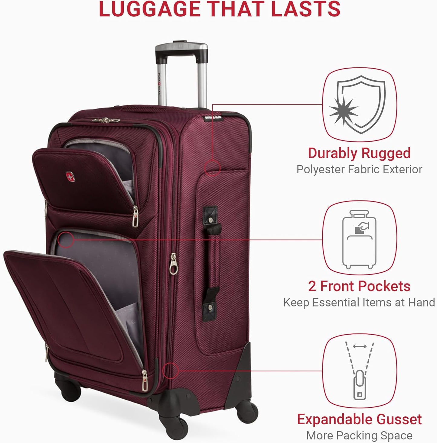 SwissGear Sion Softside Expandable Luggage – Medium Checked Suitcase with 360 Degree Wheels & Retractable Handle – 25 Inch, Perfect for 1-7 Night Trips – Merlot