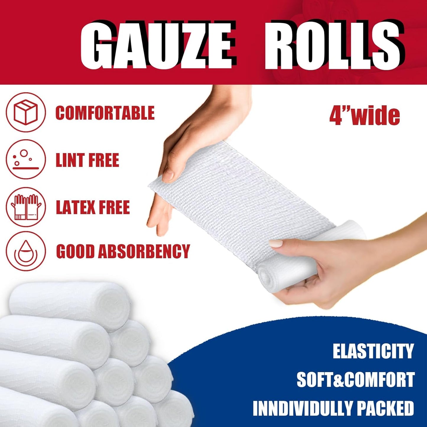 24 Pack Gauze Rolls Bandages 4 ” x 4.1 yd Premium Quality Lint and Latex-Free Conforming Stretch Designed for Wound Care for Wound Dressing Support(Ideal for Home and car First aid Kits)