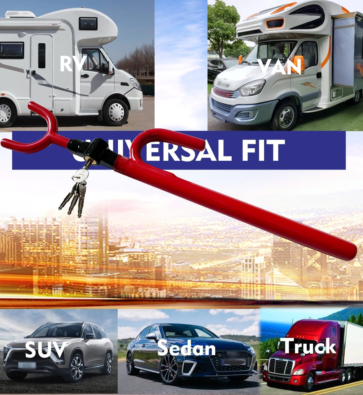 Steering Wheel Lock Anti-Theft Car Device Car Wheel Locks Heavy Duty Vehicle Security Steering Wheel Lock for Truck Car Vehicles Van Lorry SUV with 4 Keys, Elongated Length MAX 30.5“ Red