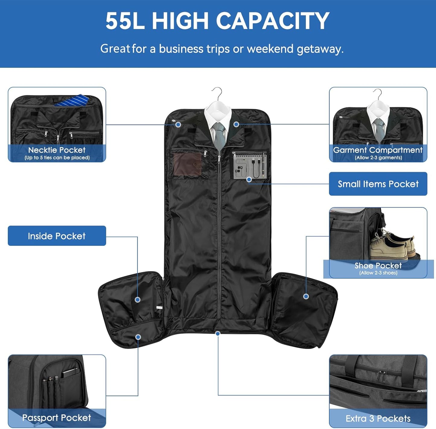 Bukere Garment Bags for Travel, Convertible Carry on Duffel Bag for Men Women, Backpack Straps, Shoe Compartment, 3 in 1 Hanging Dress Suit Bags for Men Women