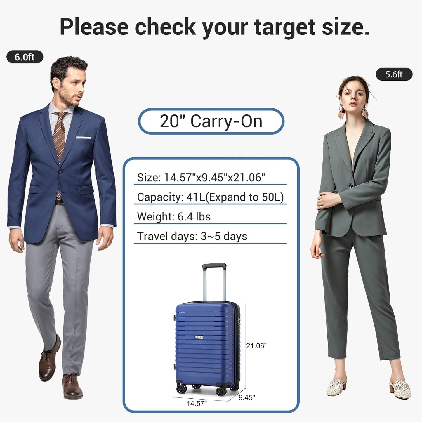 Kono 20 Inch Expandable Carry On Luggage with Spinner Wheels, Durable Hardside Luggage with Hidden Cup Holder, Lightweight Hard Shell Carry On Suitcase Airline Approved with TSA Lock(Navy Blue)