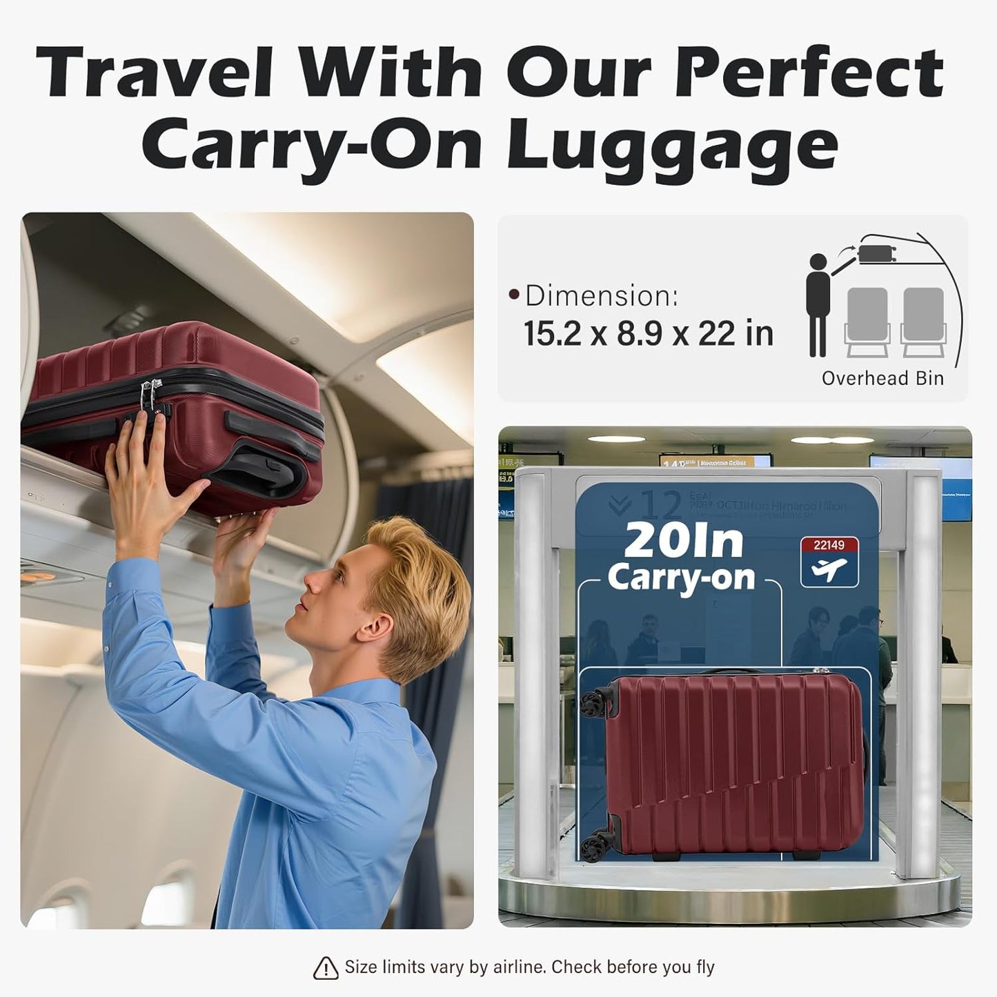 Coolife Carry On Luggage Airline Approved with Wheels Hard Shell Suitcase Spinner TSA Lock Telescopic Handle 20in-Wine Red