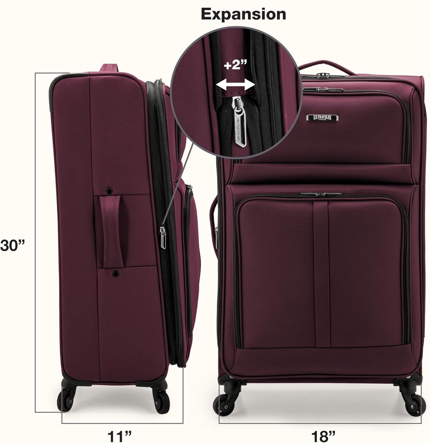 U.S. Traveler Anzio Softside Sturdy Ballistic Nylon Expandable Travel Suitcase Luggage with 4 Spinner Wheels Burgundy, Checked-Large 30-Inch