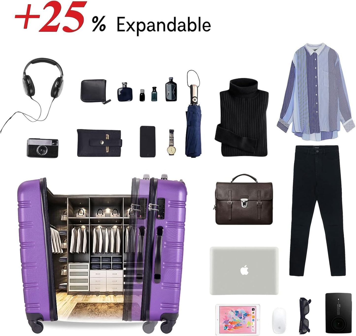 Merax Luggage Set, Lightweight Carry on Luggage Airline Approved, Hard Case with Spinner Wheels, Purple, 3 Set