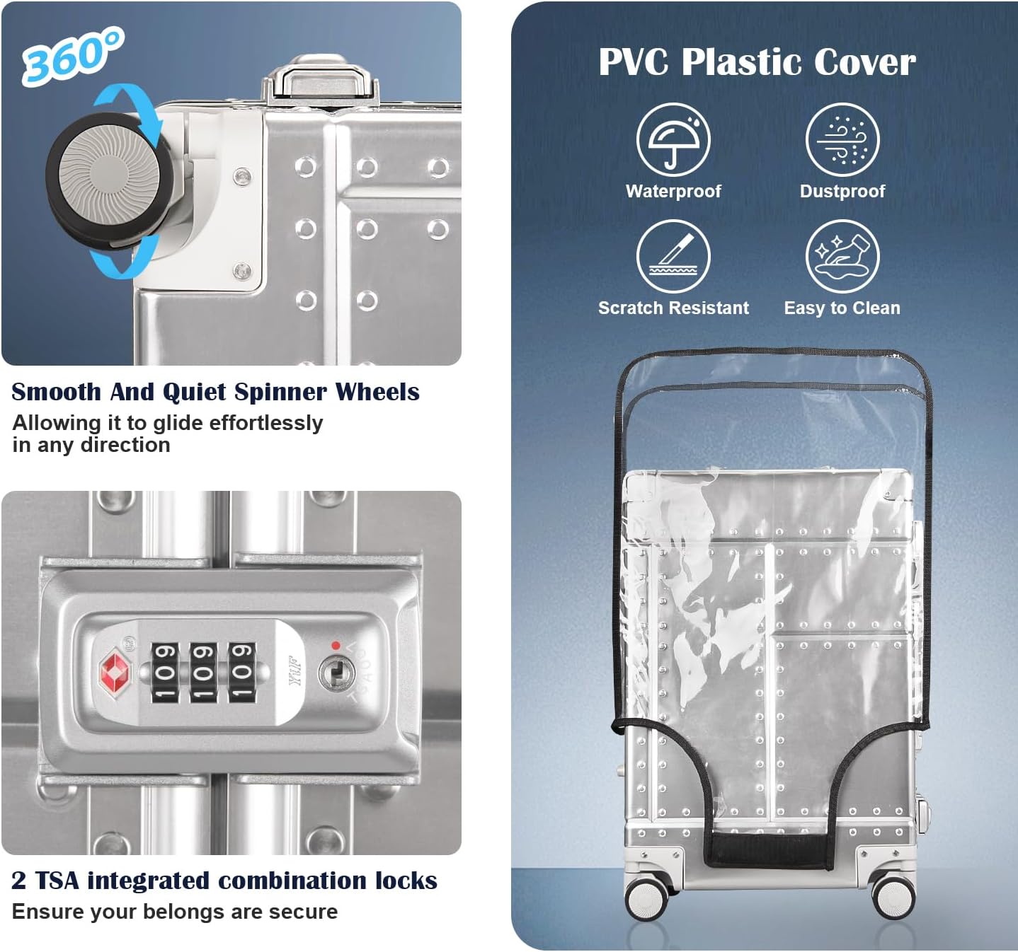 DOMINOX All Aluminum Carry On Luggage Hard Shell Luggage Aluminum Suitcase for Travel Zipperless Luggage Checked Luggage with Silent 360° Spinner Wheels 20 In. (Industry Style, Sliver)