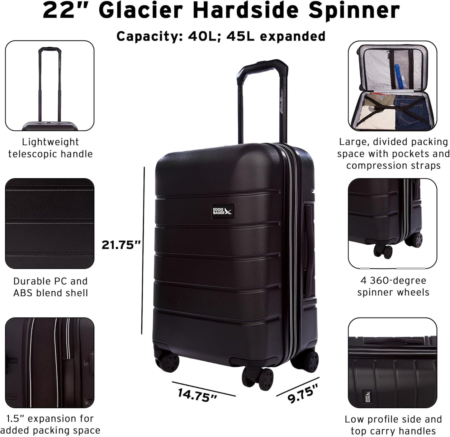 Eddie Bauer Glacier Hardside Spinner Durable PC/ABS Construction 2-Piece Set Suitcase Luggage, Carbon