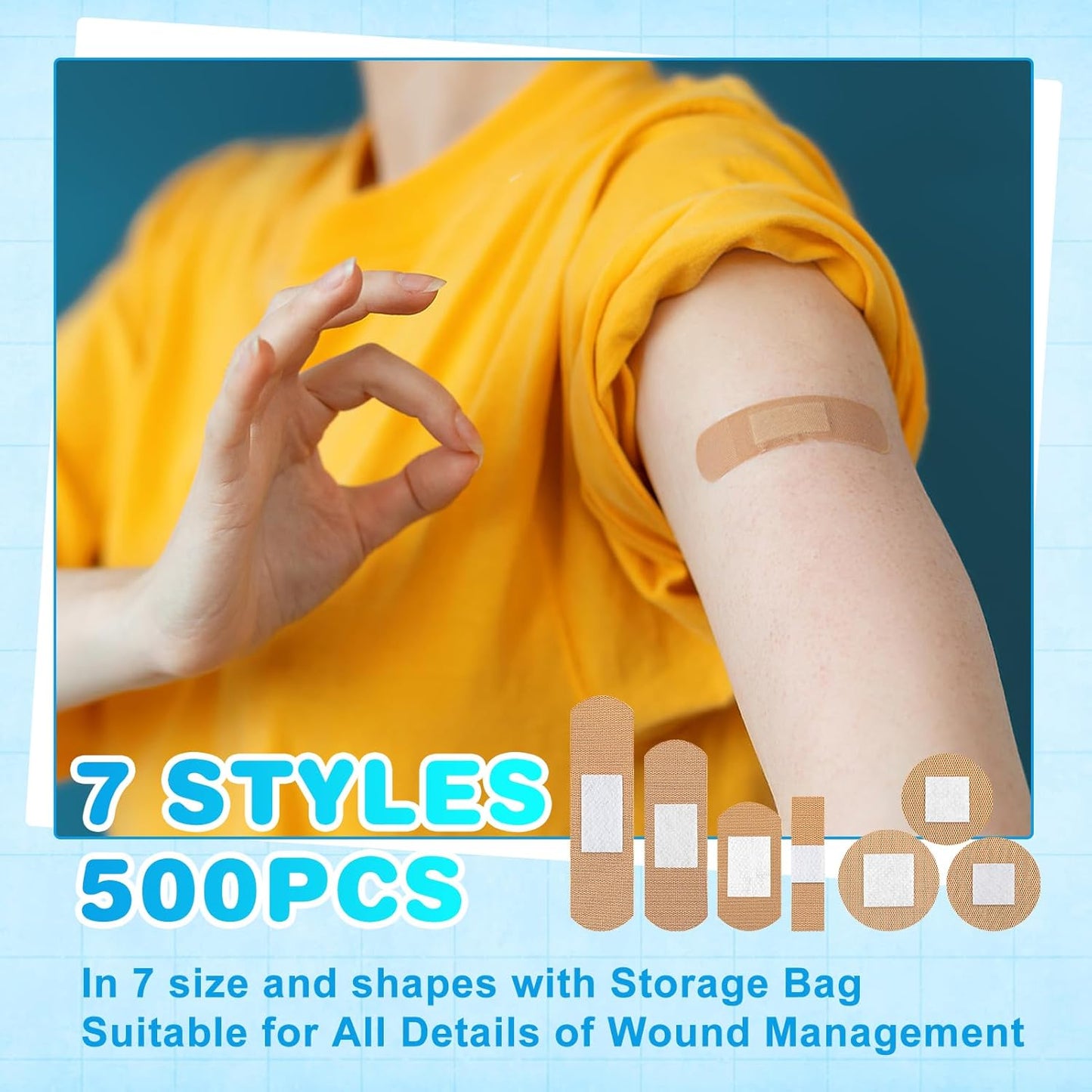 500 Pcs Small Flexible Fabric Adhesive Bandages Variety Pack 7 Styles Fingertip Knuckle Bandages Round Bandage for First Aid and Wound Care, Protection Minor Cuts & Scrapes, Cushion Painful Wounds