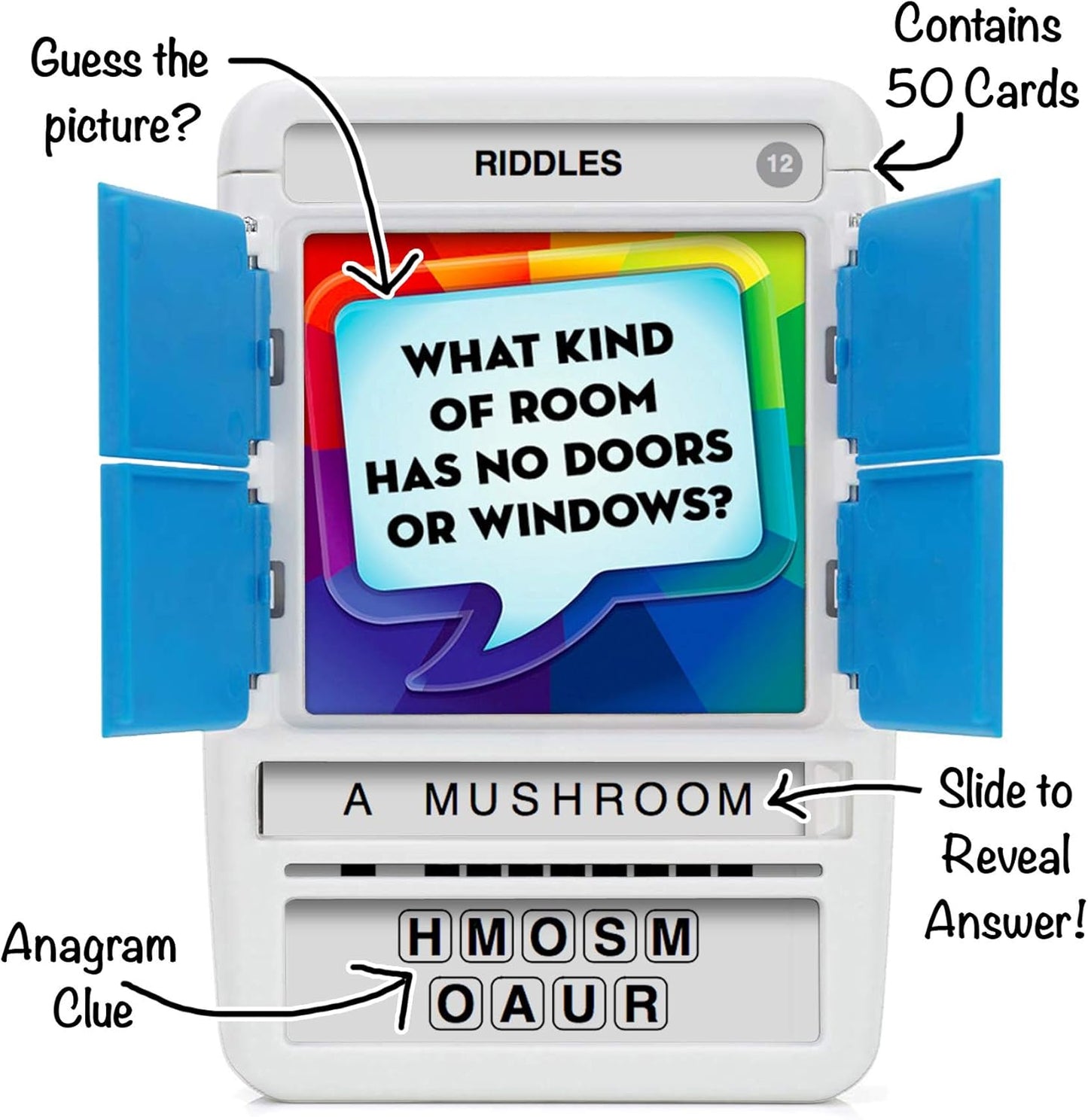 100 PICS Riddles Travel Game - Guess 100 Riddles | Flash Cards with Slide Reveal Case | Card Game, Gift, Stocking Stuffer | Fun for Kids and Adults | Ages 6+