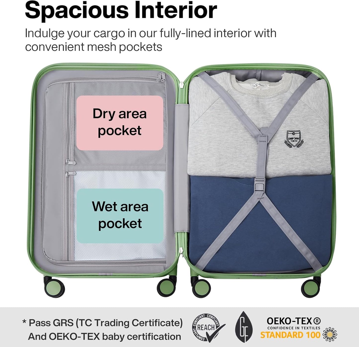 mixi Upgrade Carry on Luggage Suitcases with Spinner Wheels, Hardside Rolling Suitcase PC with TSA Lock Lightweight Travel Case 20in Carry-On, Fine Grid Avocado Green