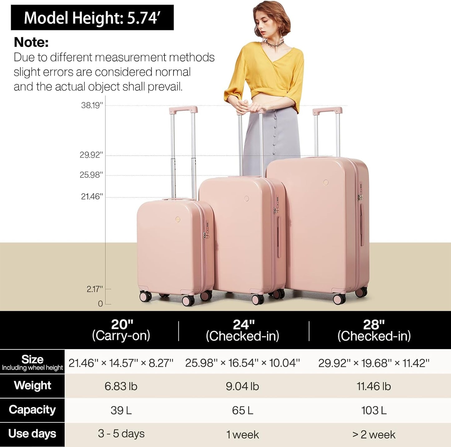 mixi Luggage Suitcase with Spinner Wheels, Hardside Rolling Suitcase PC with Cover & TSA Lock Lightweight Travel Case 24in Checked in, Pink