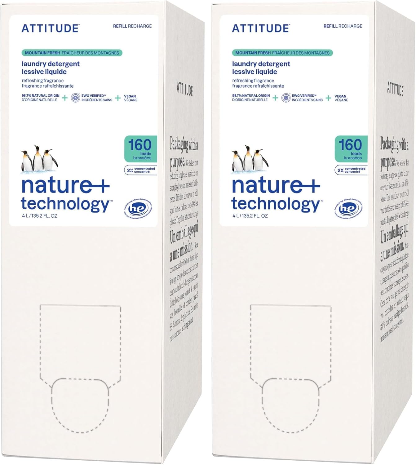 ATTITUDE Liquid Laundry Detergent Refill, EWG Verified, HE Compatible, Plant-Based & Vegan, Natural Laundry Soap, Mountain Fresh Scent, 160 Loads, 135.26 Fl Oz (Pack of 2)