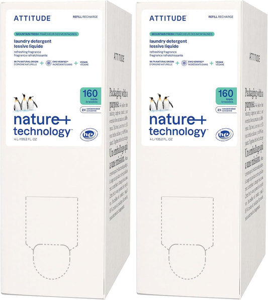 ATTITUDE Liquid Laundry Detergent Refill, EWG Verified, HE Compatible, Plant-Based & Vegan, Natural Laundry Soap, Mountain Fresh Scent, 160 Loads, 135.26 Fl Oz (Pack of 2)